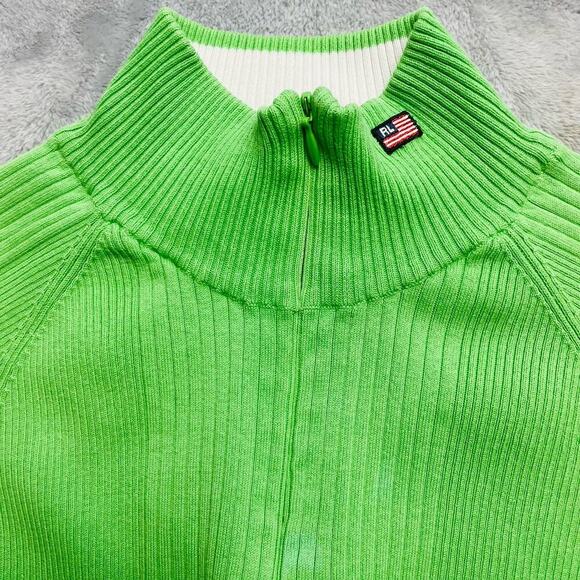 Vintage Polo Jeans Co Sweater Womens L Lime Green Ribbed 1/4 Zip Preppy Monogram - Picture 1 of 10